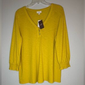 NWT J. Jill S Bright Yellow Blouse with 3/4 Smocked Sleeves